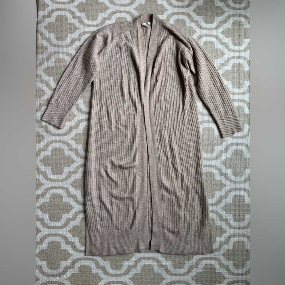 H&M Long Ribbed Open-Front Cardigan in Beige Taupe